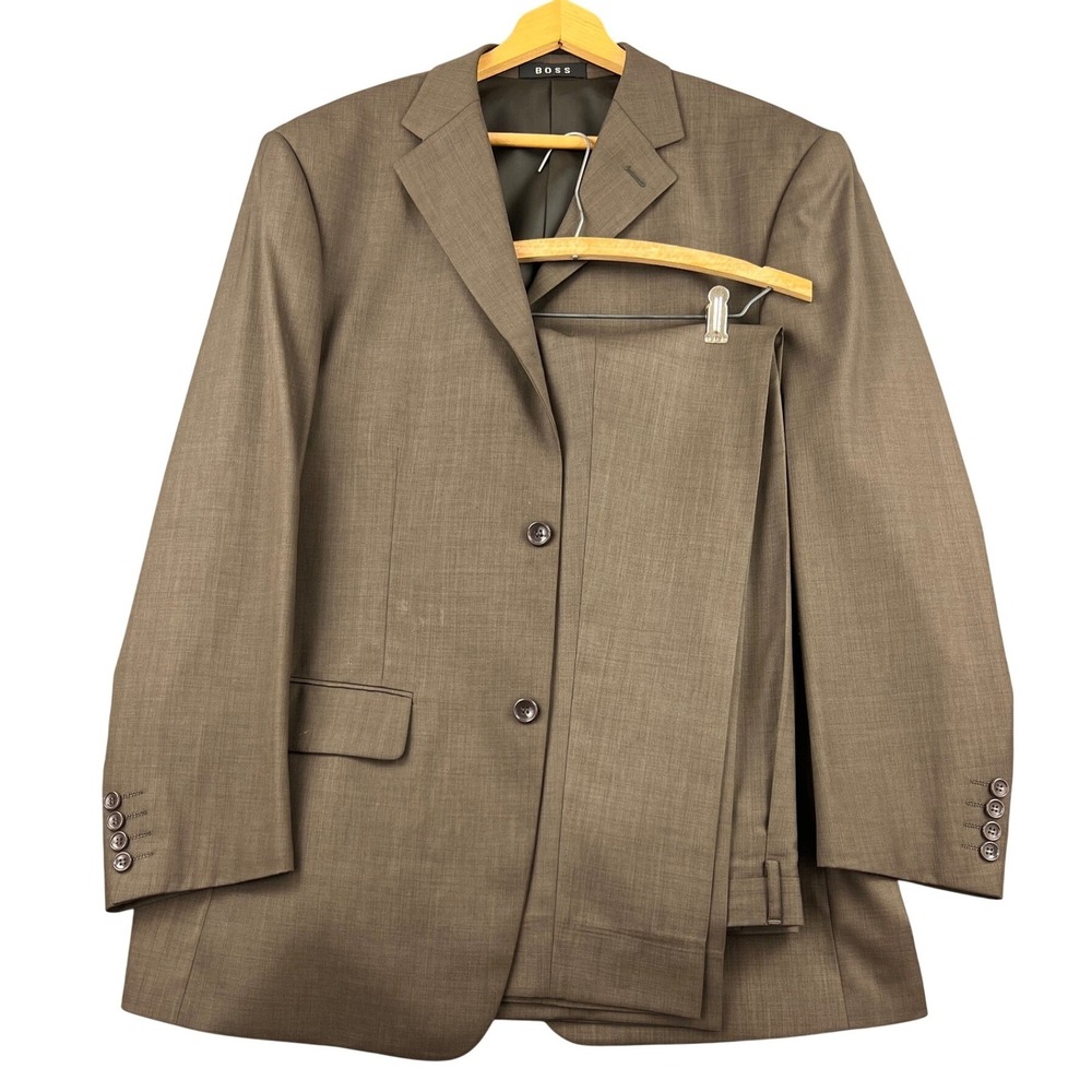 Hugo Boss Suit Men 56B Brown Good 2-Button Wool Blend Pleated Pants Blazer 3795